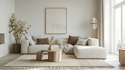Cozy Minimalist Bohemian Living Room with Neutral Sofa, Woven Textiles, and Warm, Inviting Atmosphere Filled with Natural Light