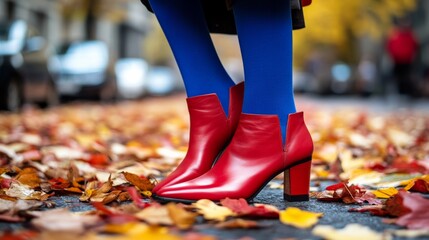 Woman wearing red ankle boots and blue tights standing on autumn leaves