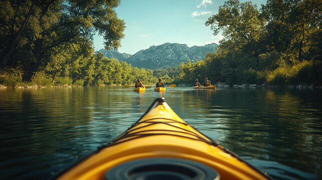 Kayakers paddling on a serene river surrounded by mountains.