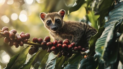 Common palm civet eating coffee beans on coffee plant
