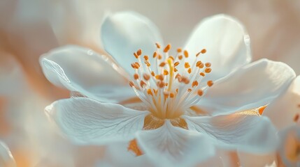 Close-up of a delicate white flower with orange pollen.
