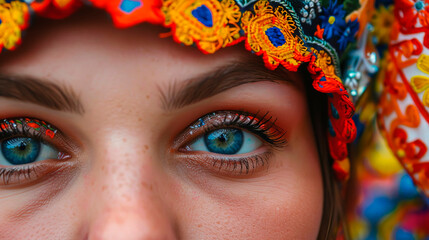 A Ukrainian woman gazes directly with striking blue eyes, adorned with vibrant traditional embroidery that reflects her cultural heritage