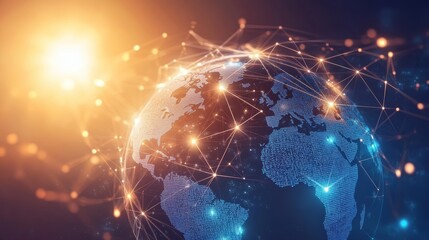 Obraz premium A glowing globe with lines connecting continents, representing global interconnectedness.
