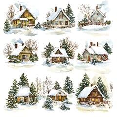 Naklejka premium Watercolor Illustration of Nine Snowy Houses in a Winter Wonderland.