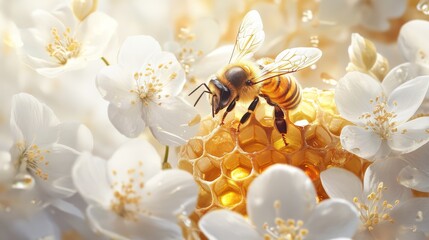 Honey bee standing on honeycomb surrounded by white flowers