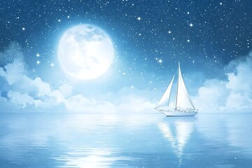 Sailboat at Night Under a Full Moon.