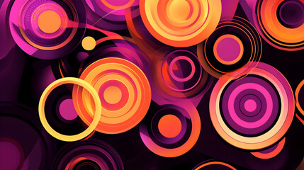 Fototapeta premium Abstract background with bright orange and pink concentric circles on a dark purple background.