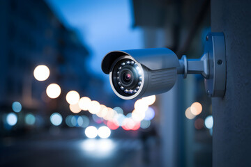 Security camera surveils dimly lit street, emphasizing urban safety