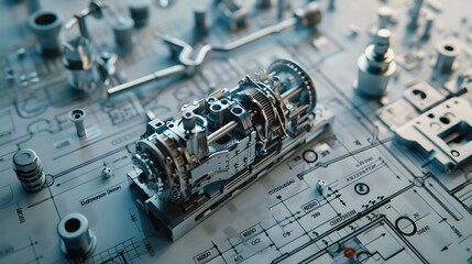 Obraz premium A close up of a machine with many parts and a drawing of a machine with many parts