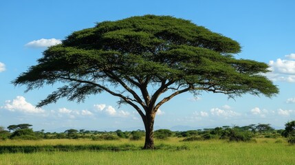 Obraz premium Majestic acacia tree dominating the african savanna landscape under a blue sky
