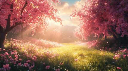 Piękne wiosenny krajobraz, kwitnący sad, tapeta generative ai 
