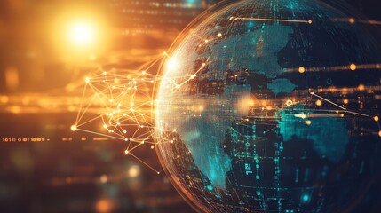 Obraz premium A glowing orb depicting the Earth with lines and nodes connecting to the surface.