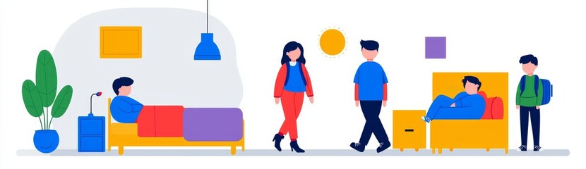 Female thief secretly sneaks into children's bedroom at night. Modern cartoon illustration of an unknown woman walking around a dark room with sleeping children.