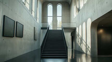 Obraz premium Modern interior hallway with matte black stairs, concrete walls, black wood handrails, and Middle Eastern art, bathed in natural light from large arched windows
