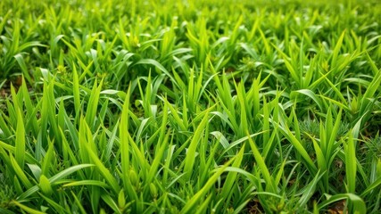 Obraz premium Vibrant green grass in a spring meadow with dew drops, rejuvenating, environment