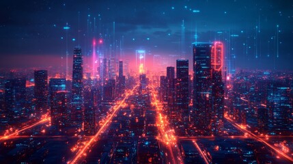 Obraz premium Future urban landscape, showing AI integrated infrastructure, autonomous vehicle and intelligent buildings, highlighting advanced technology, innovation and modern urban environment