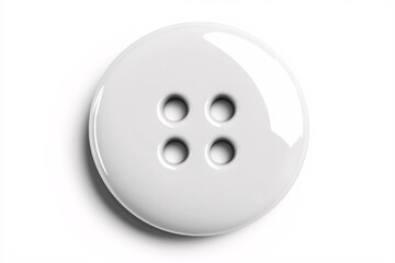 Fototapeta premium A glossy white button with four holes on a white background, exhibiting a clean, minimalist look with subtle reflections and shadows 