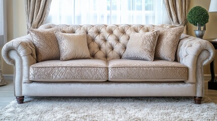 Fototapeta premium Luxurious fabric sofa in beige with matching pillows on a carpet. Copy space