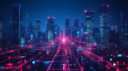 Obraz premium Future urban landscape, showing AI integrated infrastructure, autonomous vehicle and intelligent buildings, highlighting advanced technology, innovation and modern urban environment