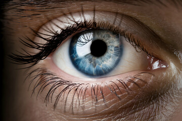 Naklejka premium Closeup of blue eye with reflective, glass like quality, striking detail