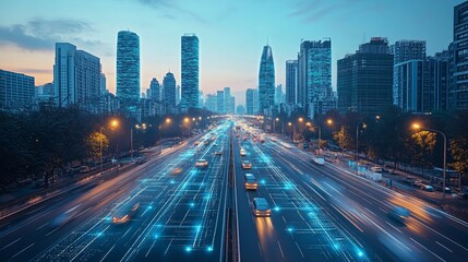 Fototapeta premium Future urban landscape, showing AI integrated infrastructure, autonomous vehicle and intelligent buildings, highlighting advanced technology, innovation and modern urban environment