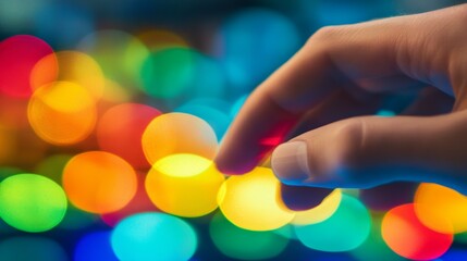 Obraz premium A hand reaching out towards a colorful bokeh background.