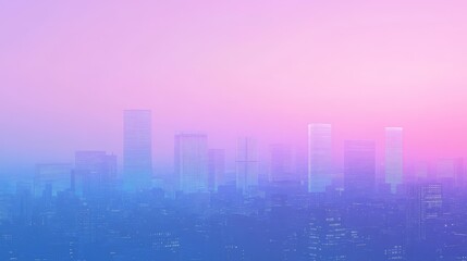 Obraz premium A hazy, colorful cityscape silhouette at dusk, with a vibrant pink and blue sky.