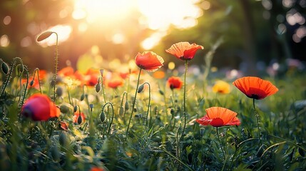 Obraz premium Vibrant Poppy Field at Sunset Glow