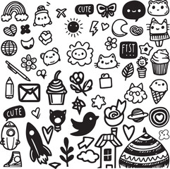 Hand-drawn line and heading material set - doodles, headings, cute  black color vector illustration