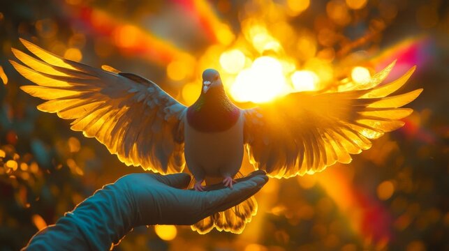 A pigeon gracefully perched on a gloved hand.