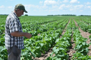 Farmer Examining Fertilized Crop Field for Healthy Plant Growth in Summer