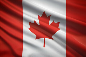 Canadian flag, red white colors, folds create a dynamic three dimensional appearance