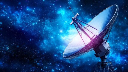 A large satellite dish pointed at the stars against a backdrop of a nebula, representing the quest for knowledge and exploration.