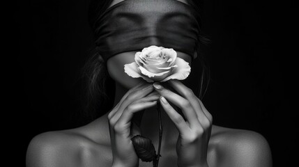 Fototapeta premium Amidst the shadows, a woman gracefully clutches a delicate rose, her face partially veiled in silk. The moment radiates tranquility and emotion, evoking a sense of mystery.