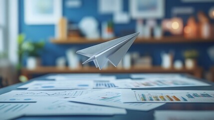 A paper plane hovers over scattered documents.