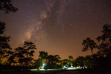 milky way with comet C 2023 A3 over Buddha statue at Phukradung National Park in Thailand