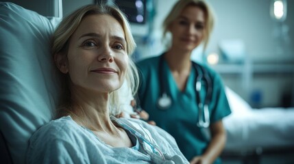 Fototapeta premium Smiling patient in hospital with attentive nurse.