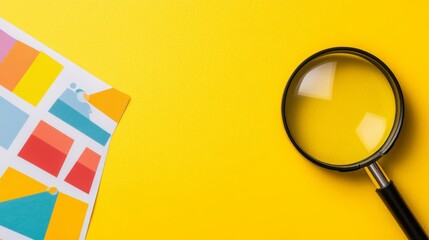 A magnifying glass and a sheet of colorful charts on a bright yellow background.