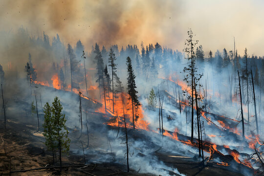 Massive forest fire fills landscape with smoke and scattered flames