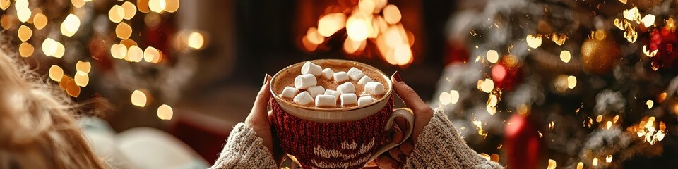 girl holding a cup of cocoa with marshmallows on a fireplace background. Selective focus