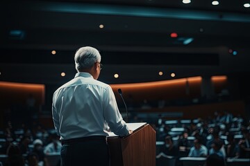 A man stands at a podium, delivering a speech to a focused audience in a spacious auditorium. The atmosphere is engaged and attentive as participants listen closely.