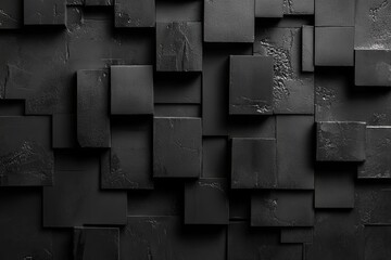 A textured black wall showcases a variety of geometric shapes, creating an intriguing visual contrast and depth in a contemporary design setting.