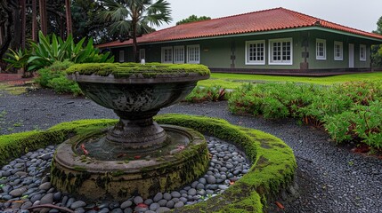 Obraz premium A serene garden scene featuring a stone fountain surrounded by lush greenery and a charming house with a red-tiled roof in a tranquil setting.