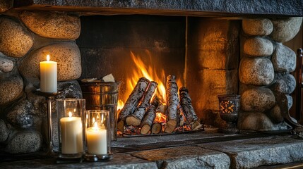 Cozy Fireplace with Candles and Logs