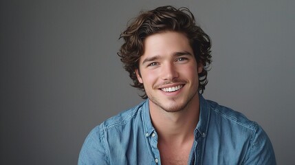 Fototapeta premium Smiling Man with Curly Hair in Casual Shirt