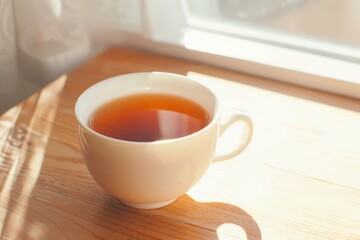 Warm morning light: ceramic cup of tea on wooden table by window