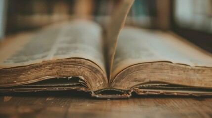 Antique book with turning pages on rustic table