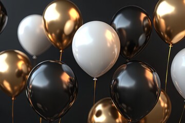 A cluster of glossy black, white, and gold balloons fills the space, evoking a festive mood perfect for parties or celebrations. The shiny surfaces reflect light elegantly.