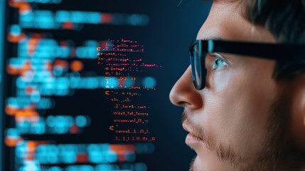 AI engineer analyzing code with digital overlay effect
