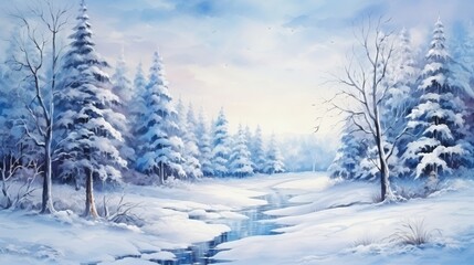 Obraz premium A serene winter landscape featuring snow-covered trees and a tranquil stream under a soft blue sky.